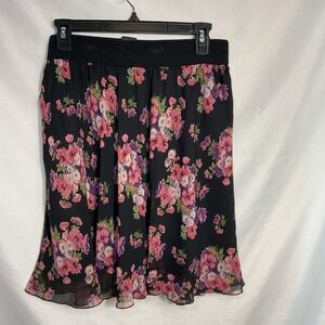 Lord & Taylor Floral Chiffon Lined Knee Mini Skirt Elastic Waist Size Large
